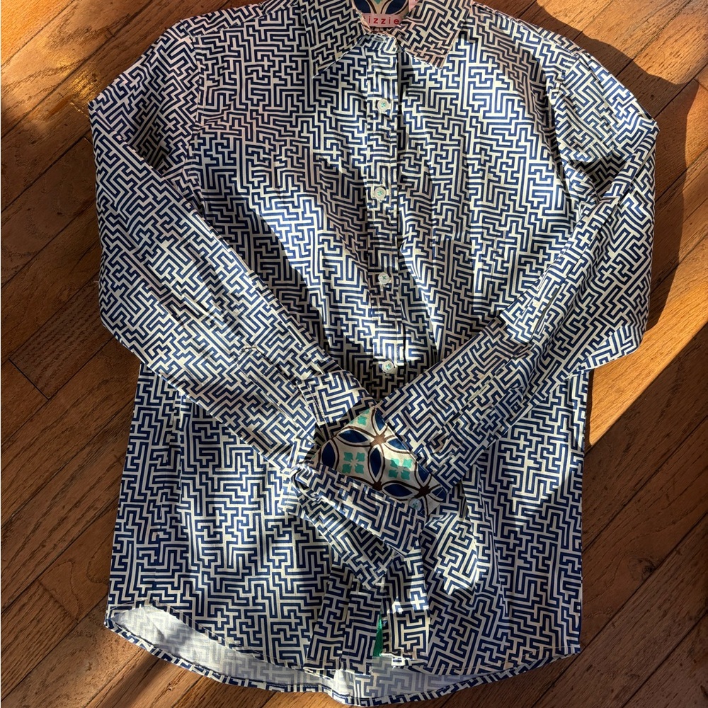 Tizzie Geometric Patterned Navy and White Womens Shirt